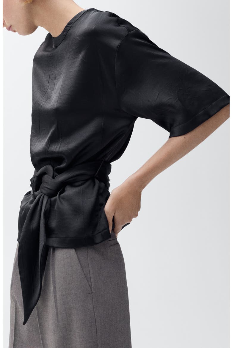 Belted Satin Shirt, Alternate, color, BLACK