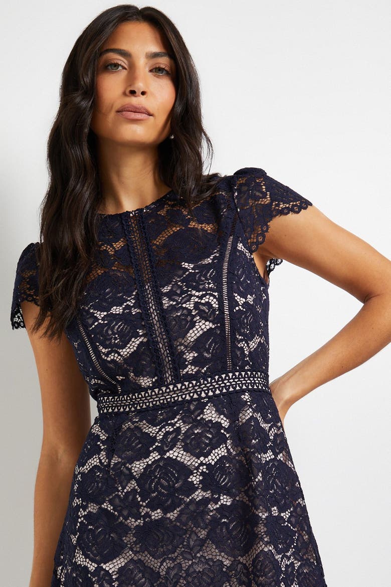 Lace Fit And Flare Midi Dress, Alternate, color, Navy