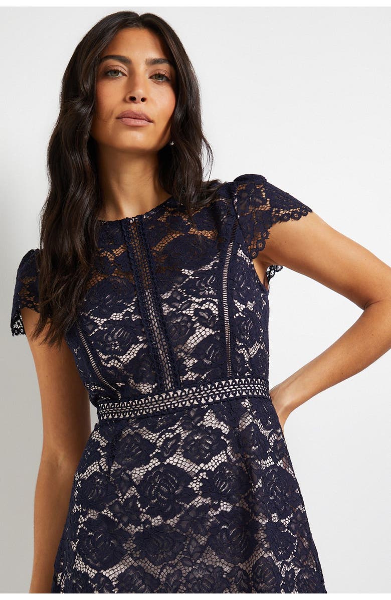 Wallis Lace Fit And Flare Midi Dress, Alternate, color, Navy