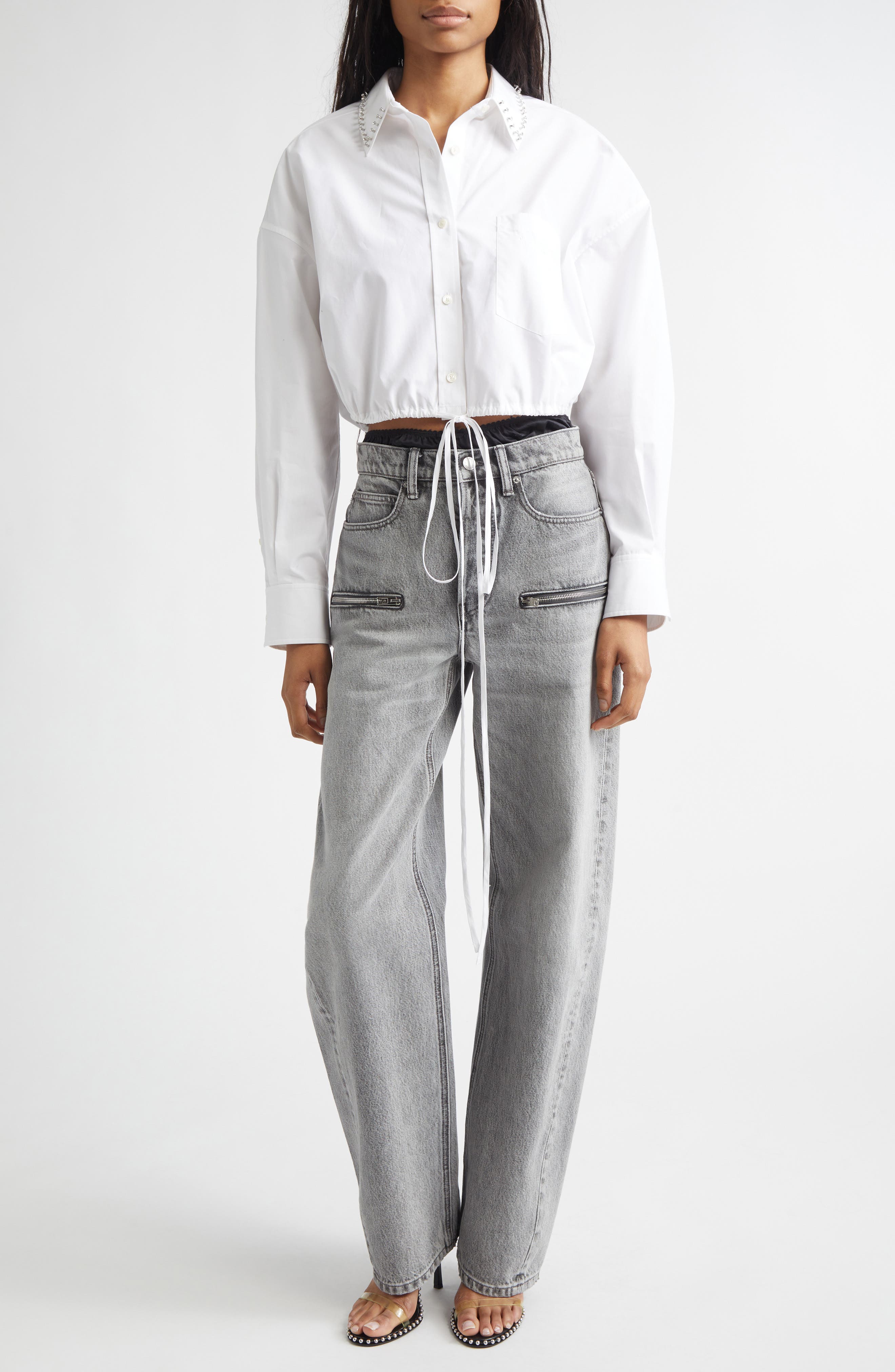 Crystal Stud Crop Drawstring Waist Cotton Button-Up Shirt - image 2