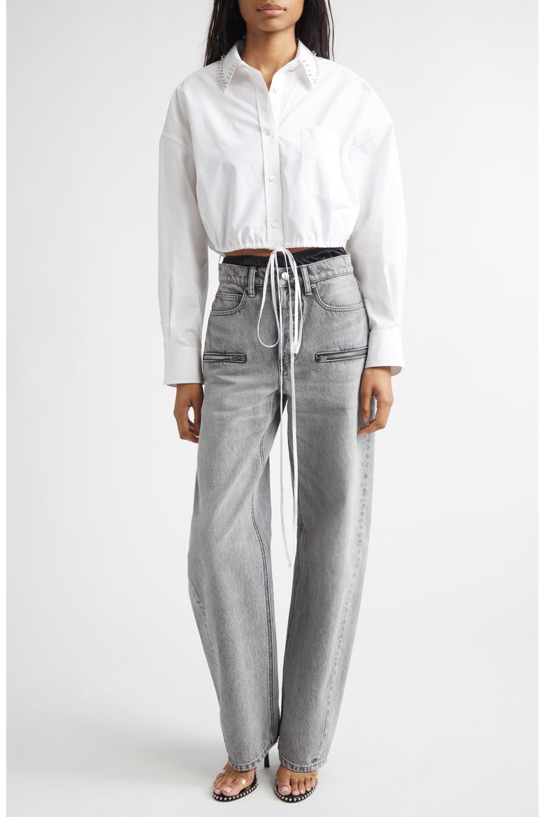 Crystal Stud Crop Drawstring Waist Cotton Button-Up Shirt, Alternate, color, WHITE