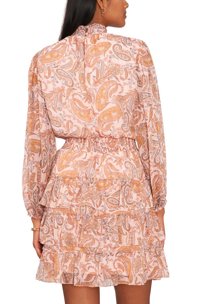 Paisley Smocked Long Sleeve Tiered Dress, Alternate, color, PEACH/ GREY/ CORAL