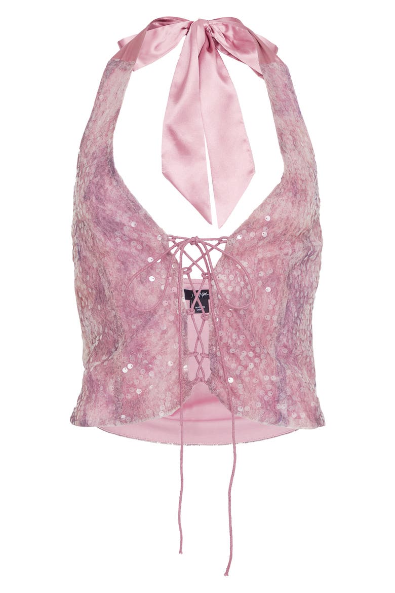 Sequin Lace-Up Halter Top, Alternate, color, PINK
