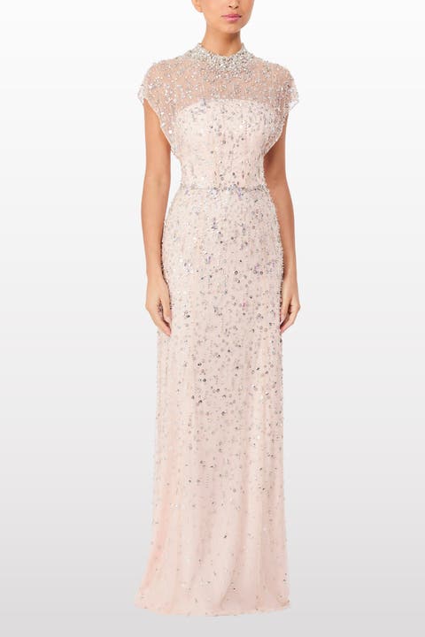 Crystal Drop Embellished High-Neck Maxi Dress