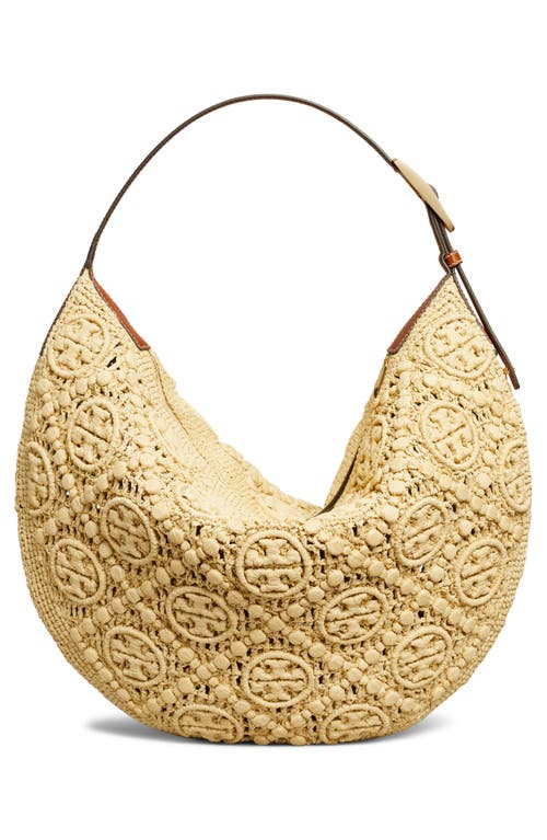 Tory Burch T-monogram Woven Raffia Straw Shoulder Bag In Beige