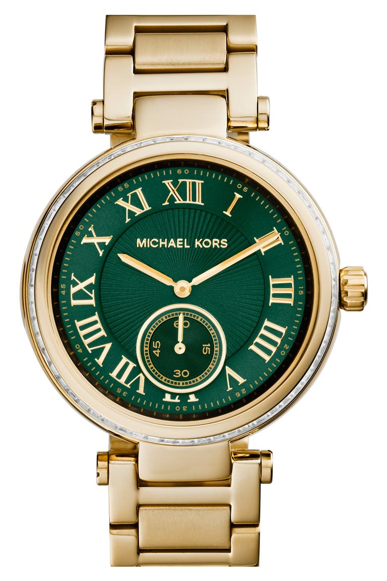 Michael Kors 'Skylar' Crystal Bezel Bracelet Watch, 42mm, Main, color, GOLD/ GREEN