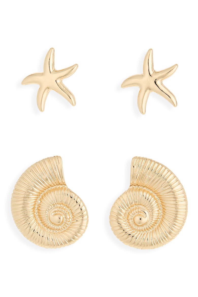 Set of 2 Conch Shell & Starfish Stud Earrings, Main, color, GOLD