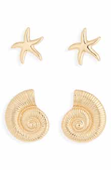 Set of 2 Conch Shell & Starfish Stud Earrings