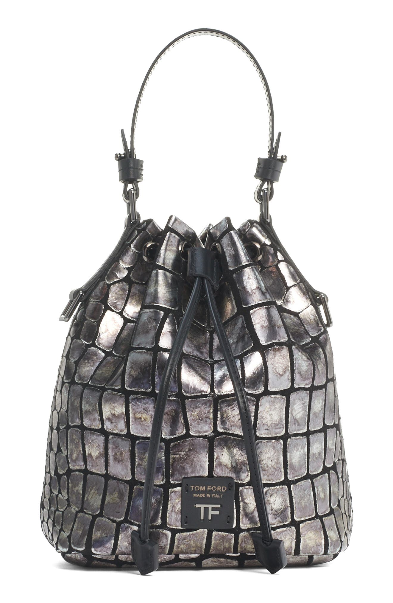 TOM FORD Metallic Croc Embossed Leather Bucket Bag, Main, color, 
