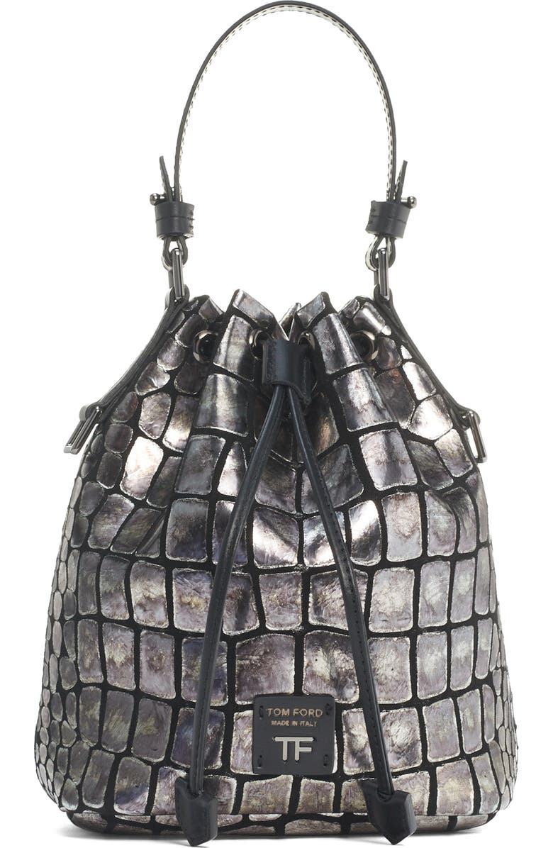 TOM FORD Metallic Croc Embossed Leather Bucket Bag, Main, color,