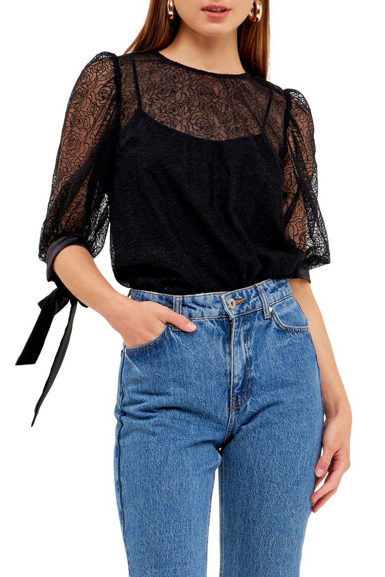 Embroidered Puff Sleeve Satin Top, Main, color, BLACK
