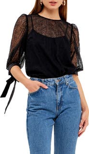 Endless Rose Embroidered Puff Sleeve Satin Top