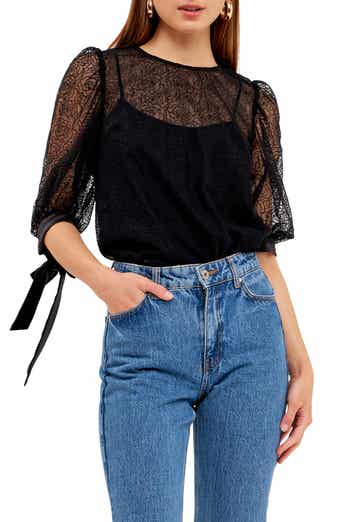 Embroidered Puff Sleeve Satin Top