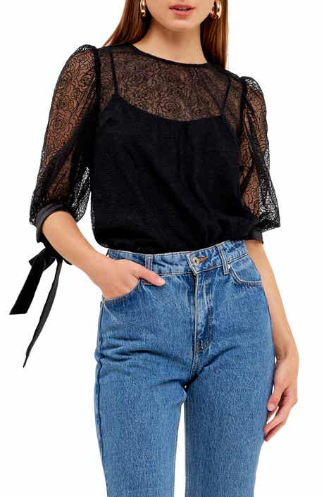 Endless Rose Embroidered Puff Sleeve Satin Top