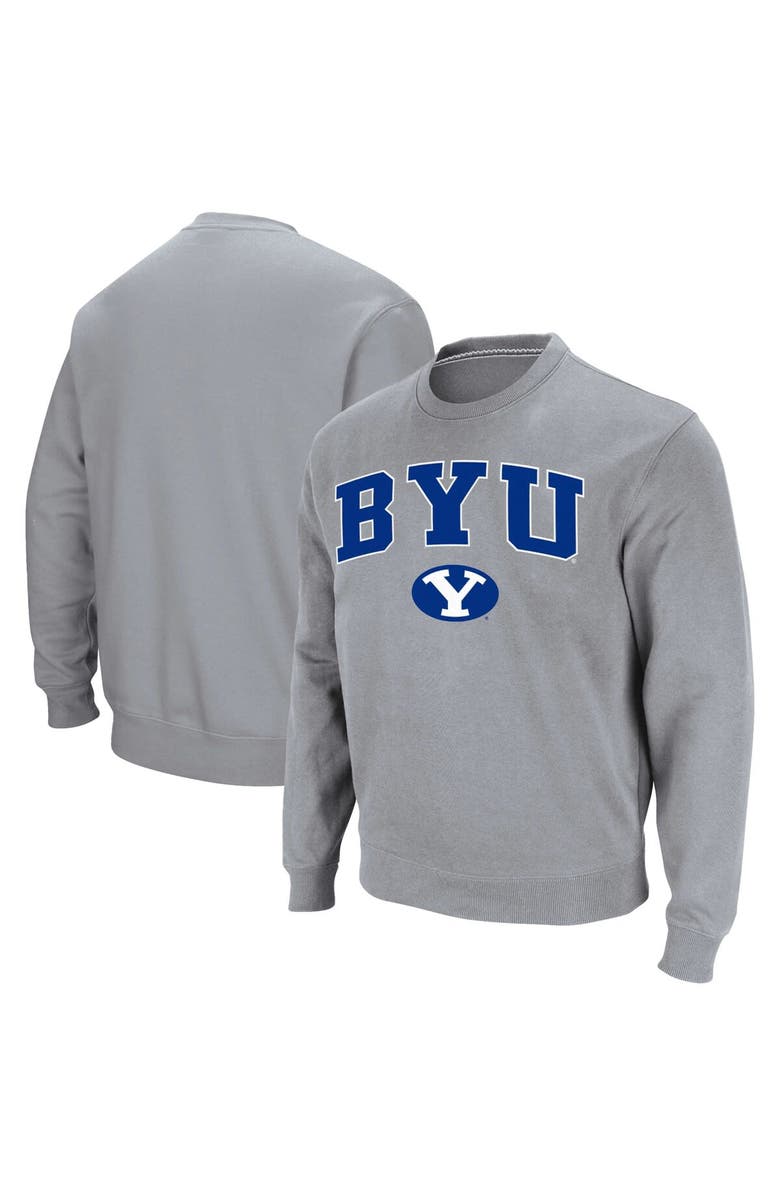 COLOSSEUM Men's Colosseum Heathered Gray BYU Cougars Team Arch & Logo Tackle Twill Pullover Sweatshirt, Main, color, Heather Gray
