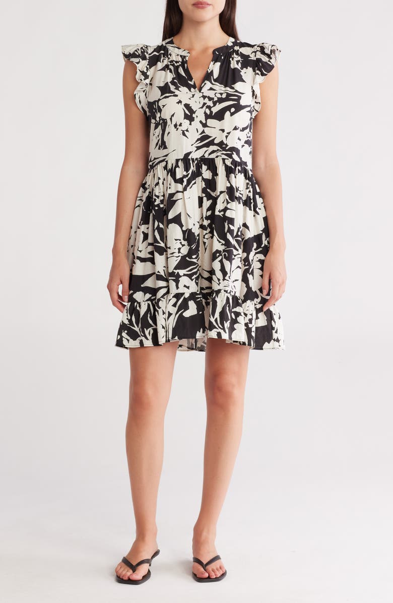 Caslon<sup>®</sup> Print Ruffle Shoulder Minidress, Main, color, Black- White