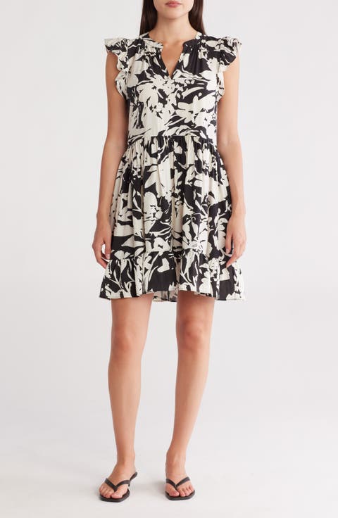 Print Ruffle Shoulder Minidress