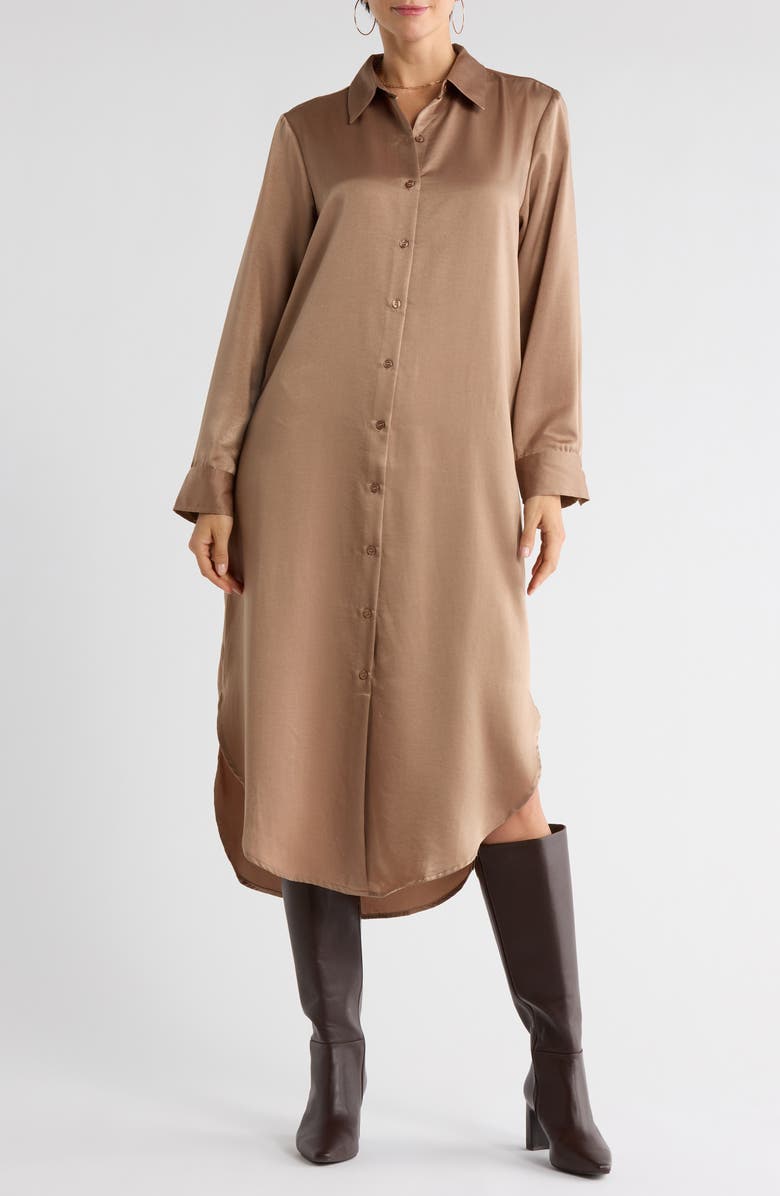 NORDSTROM RACK Long Sleeve Textured Satin Shirtdress, Main, color, Tan Portabella