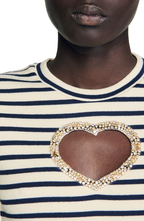 Sandro Womens Ecru Striped Embellished-heart Stretch-cotton T-shirt In White