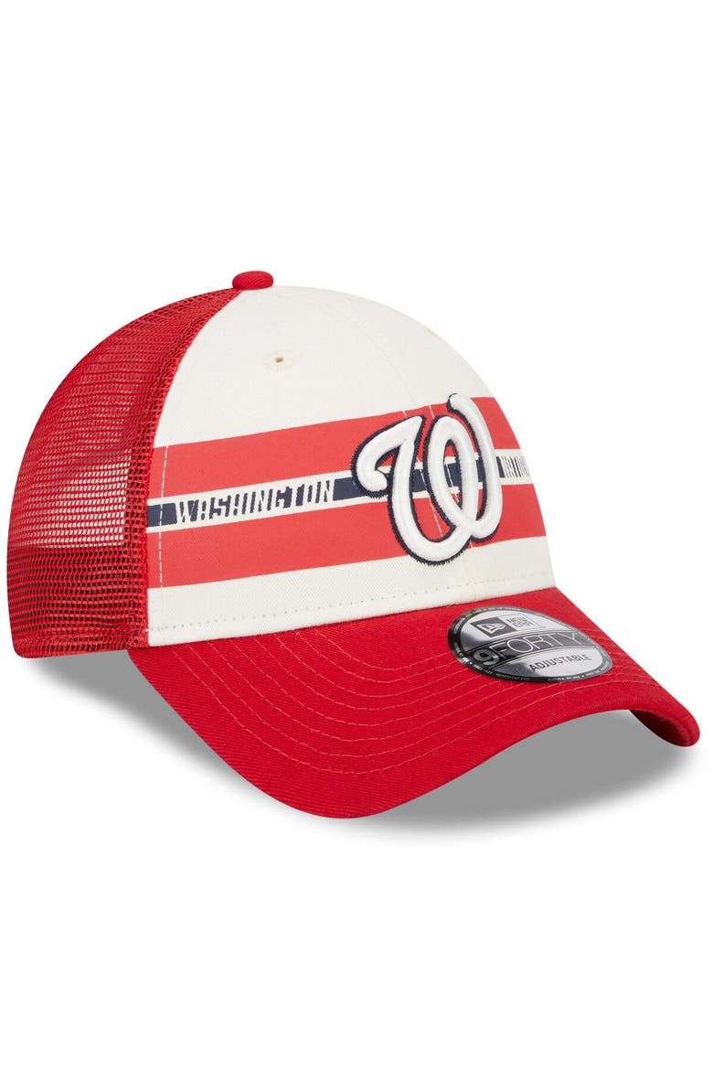 Men's New Era White/Red Washington Nationals Team Stripe Trucker 9FORTY Snapback Hat, Alternate, color, White
