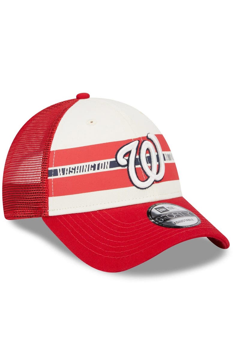 New Era Men's New Era White/Red Washington Nationals Team Stripe Trucker 9FORTY Snapback Hat, Alternate, color, White