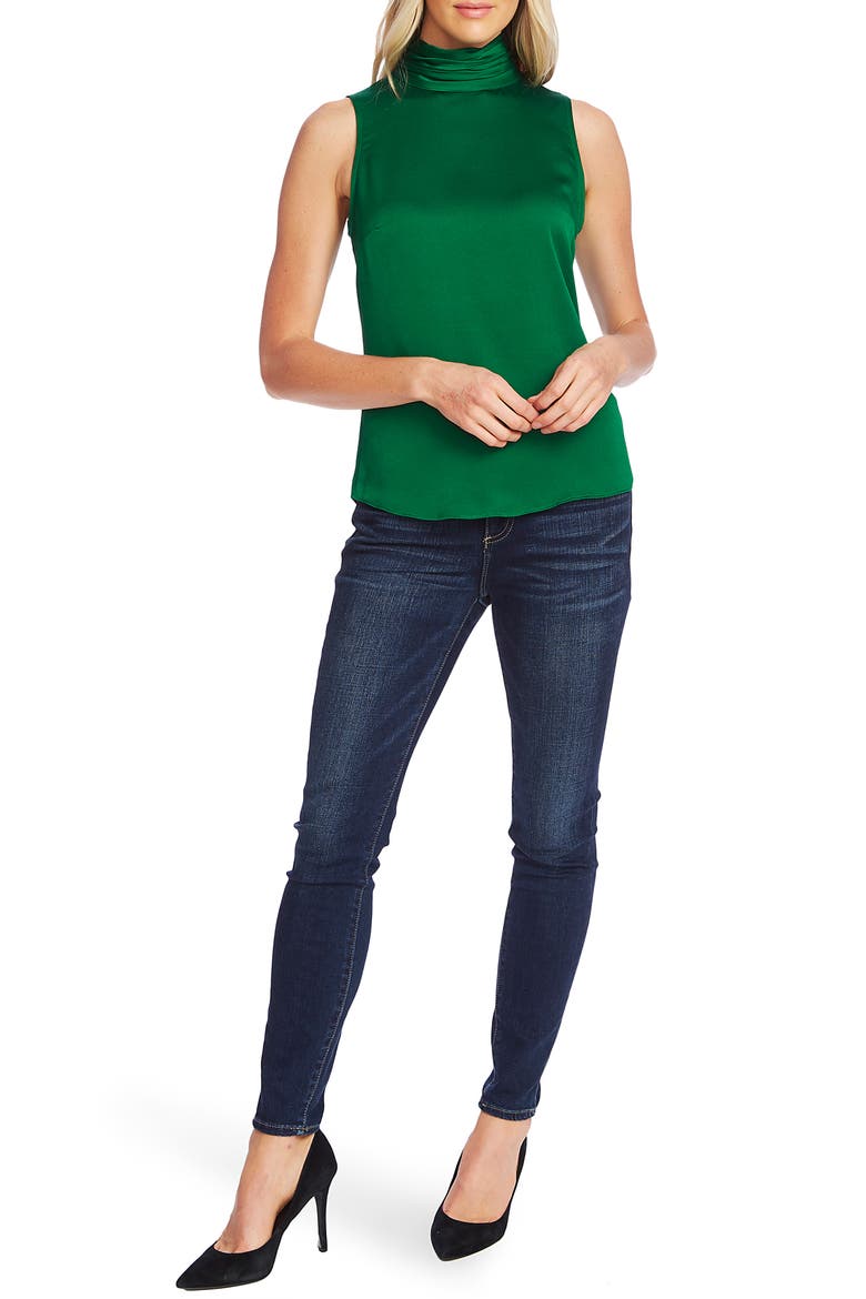 Mock Neck Hammered Satin Sleeveless Top, Alternate, color, EVERGLADE
