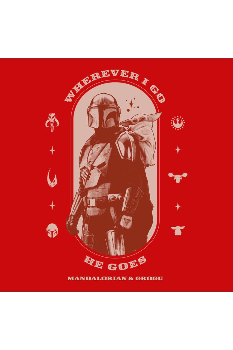 Boy's Star Wars The Mandalorian and Grogu Wherever I Go He Goes Logo  Graphic T-Shirt, Alternate, color, Red
