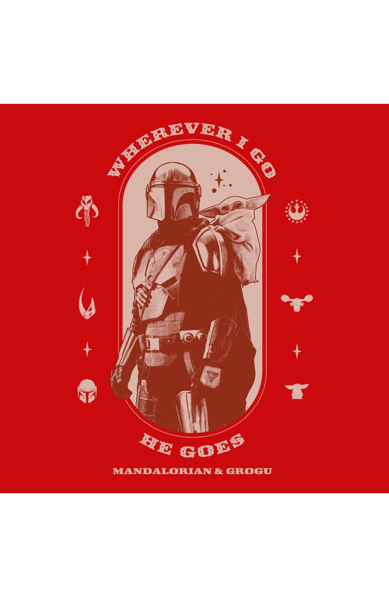 Star Wars: The Mandalorian and Grogu Boy's Star Wars The Mandalorian and Grogu Wherever I Go He Goes Logo Graphic T-Shirt, Alternate, color, Red
