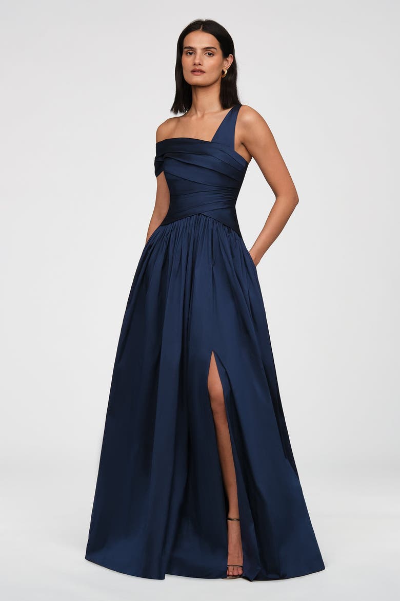 Avery Asymmetric Taffeta Gown, Alternate, color, Nautical Navy