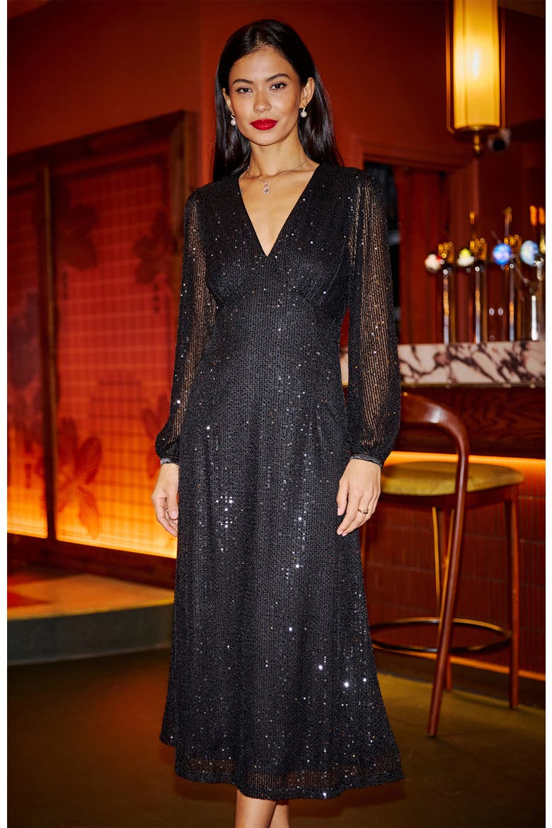 Sequin Long Sleeve Midi Dress, Alternate, color, Black