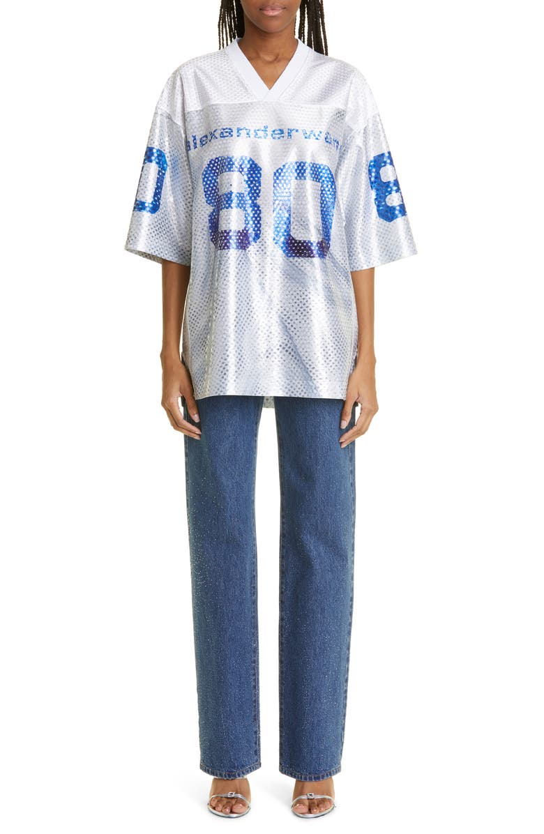 Alexander Wang Oversize Logo Sequin Satin Football Jersey, Alternate, color,