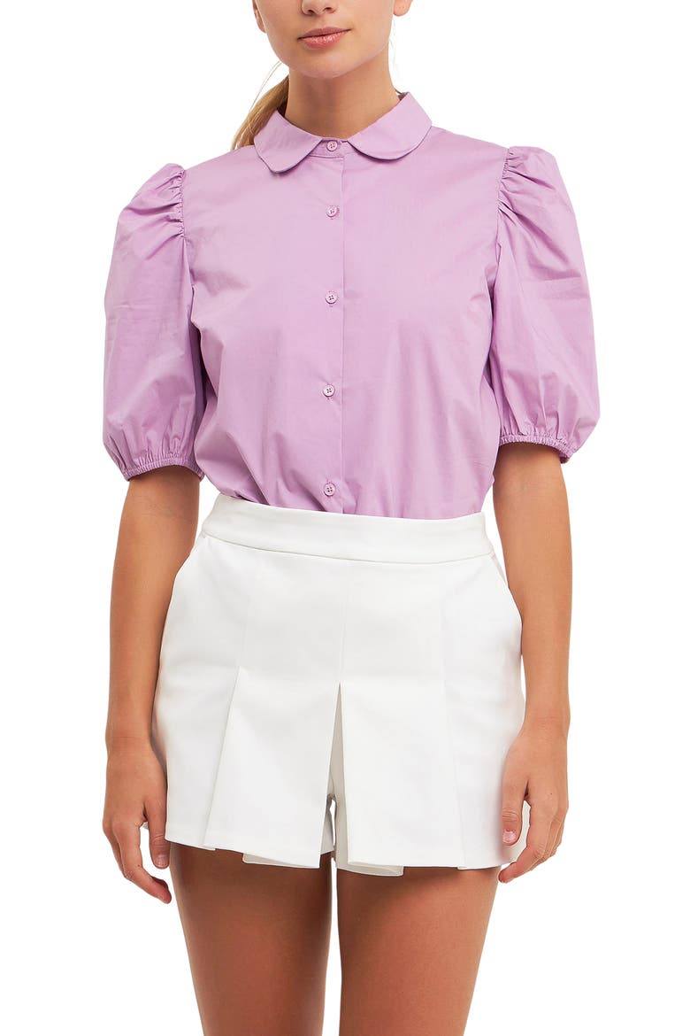 Button Front Puff Sleeve Blouse, Main, color, LILAC