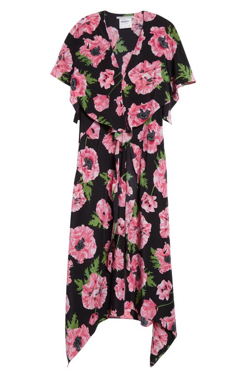 Stella Mccartney Poppy Print Ruffle Handkerchief Hem Silk Midi Dress In Black
