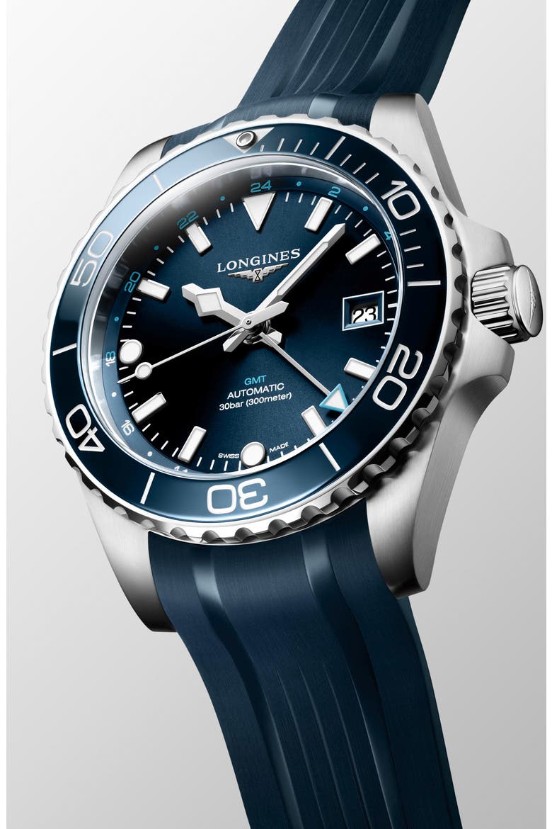 HydroConquest GMT Automatic Rubber Strap Watch, 41mm, Alternate, color, BLUE