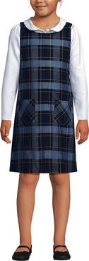 Lands' End Girls Plaid Button Shoulder Patch Pocket Jumper