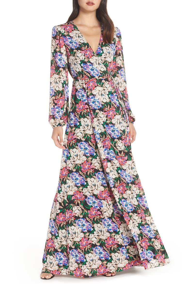 Lila Long Sleeve Wrap Gown, Main, color, MIDNIGHT FLORAL