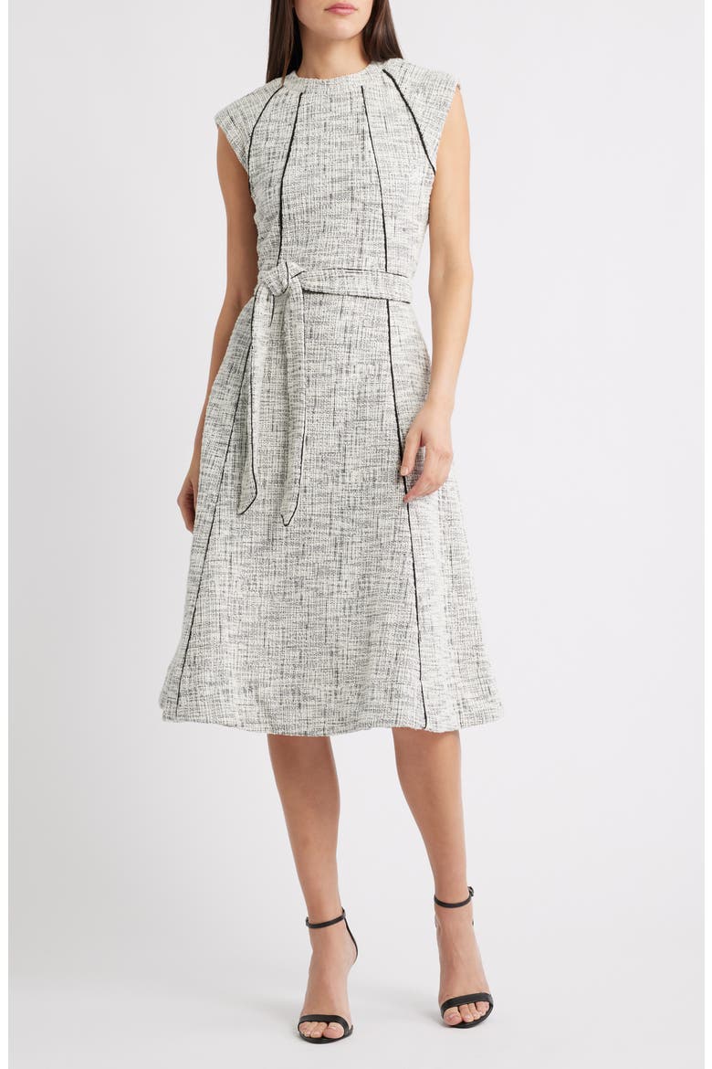 Contrast Detail Belted Midi Dress, Main, color, BRIGHT WHITE