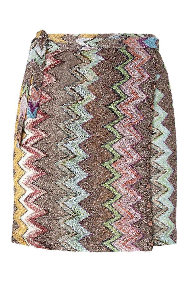 Mini Pareo Skirt In Lamé Viscose With Macro Zigzag Pattern, Alternate, color, Black & Multicoloured