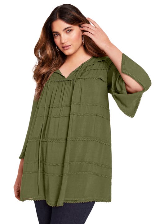 June + Vie Acid Wash Peasant Blouse in Forest Moss  product