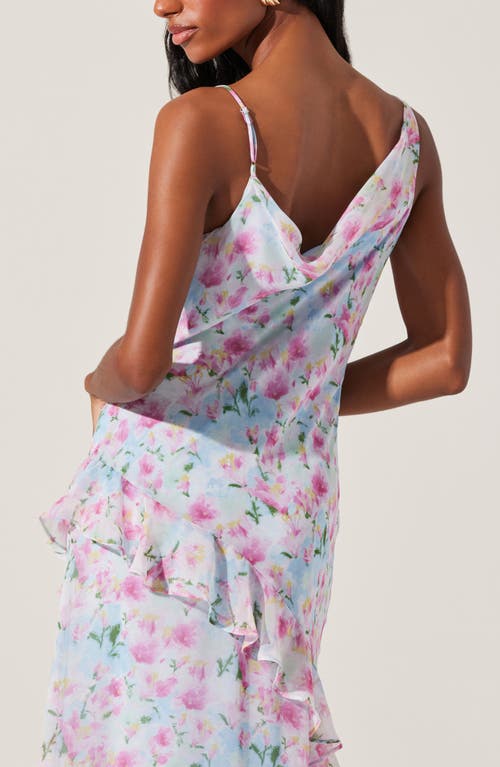 Astr Levina Asymmetric Floral Ruffle Dress In Blue Floral In Blue