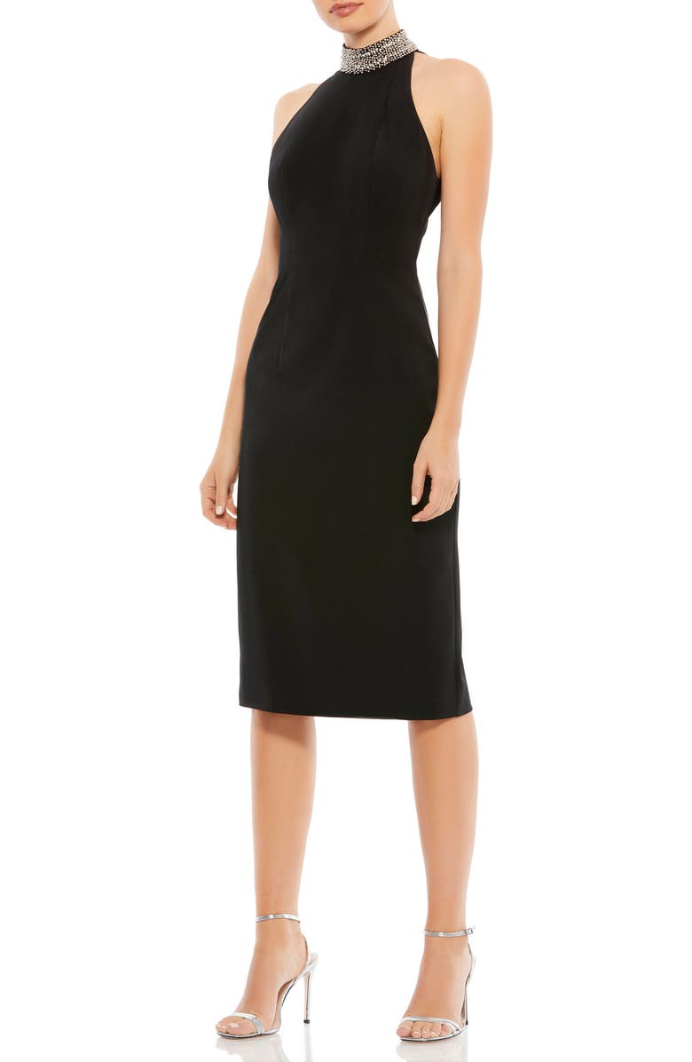 Mac Duggal Open Back Jeweled Halter Midi Dress, Main, color, Black