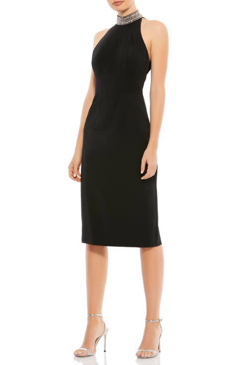 Open Back Jeweled Halter Midi Dress