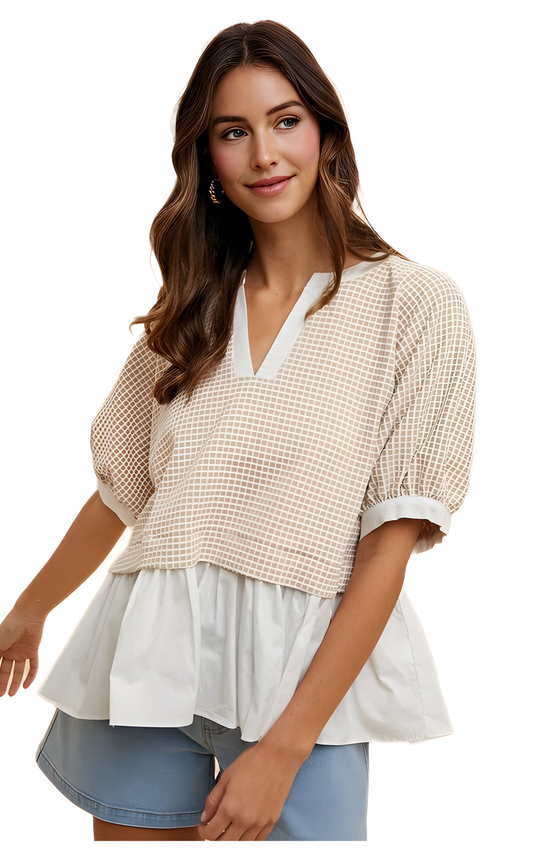 Knit and Lounge Contrast Hem Grid Blouse, Main, color, Beige