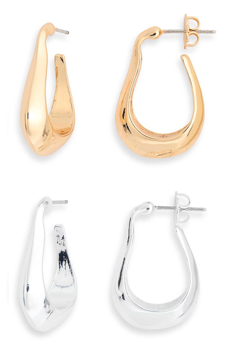 Set of 2 Wavy Oval Hoop Earrings, Main, color, GOLD- SILVER