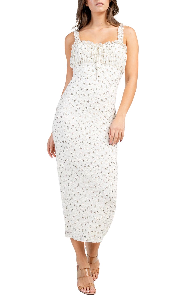 Beivy Floral Ruffle Midi Dress, Main, color, Ivory