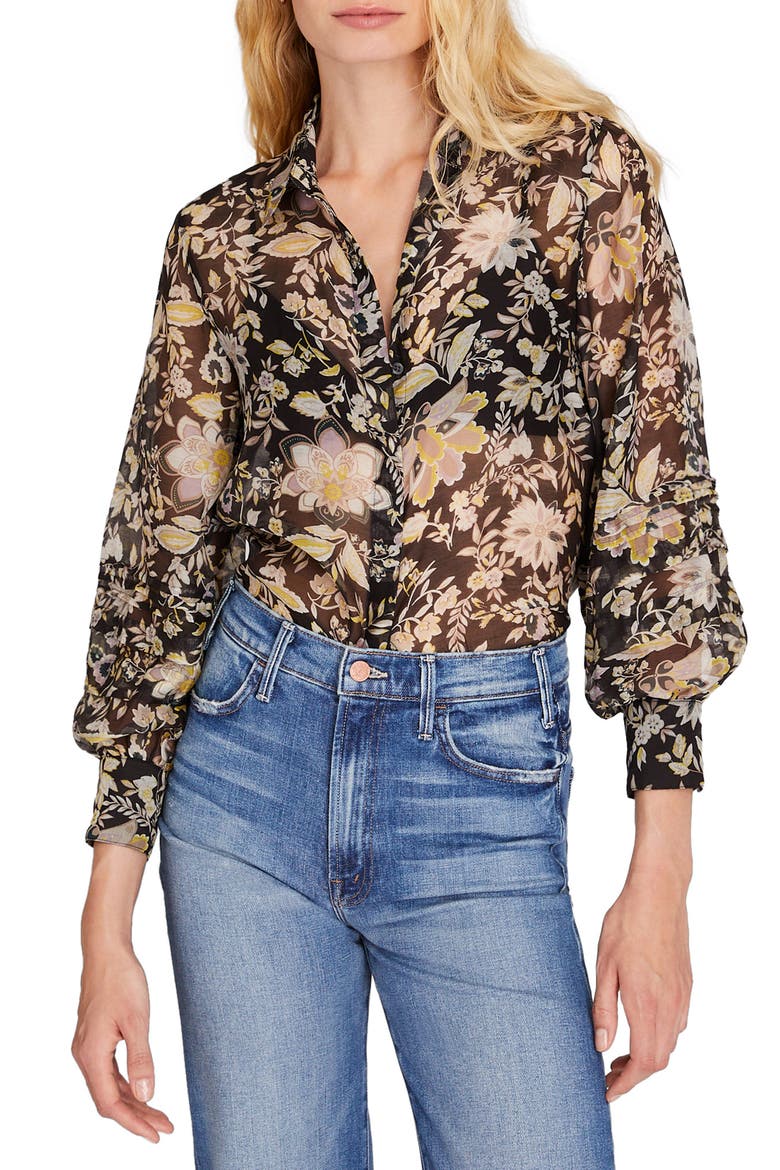 Print Pintuck Balloon Sleeve Shirt, Main, color, BLACK MIX/ NOIR