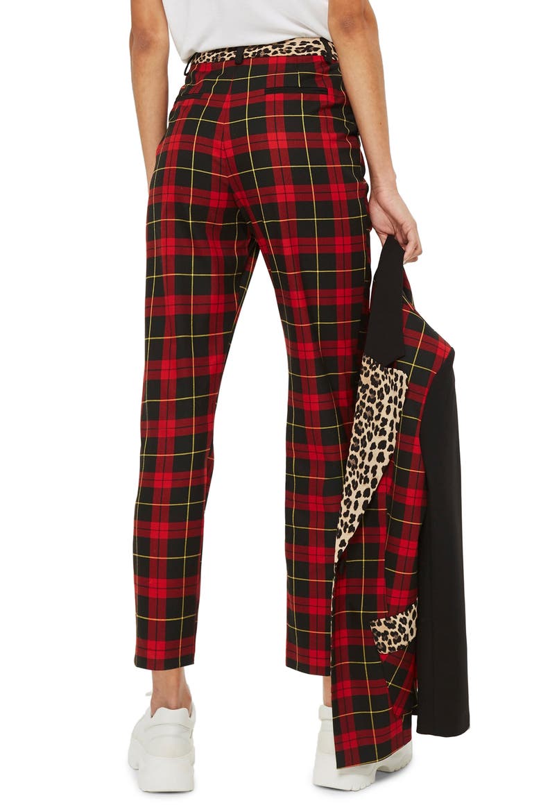 Leopard Trim Tartan Trousers, Alternate, color, RED MULTI