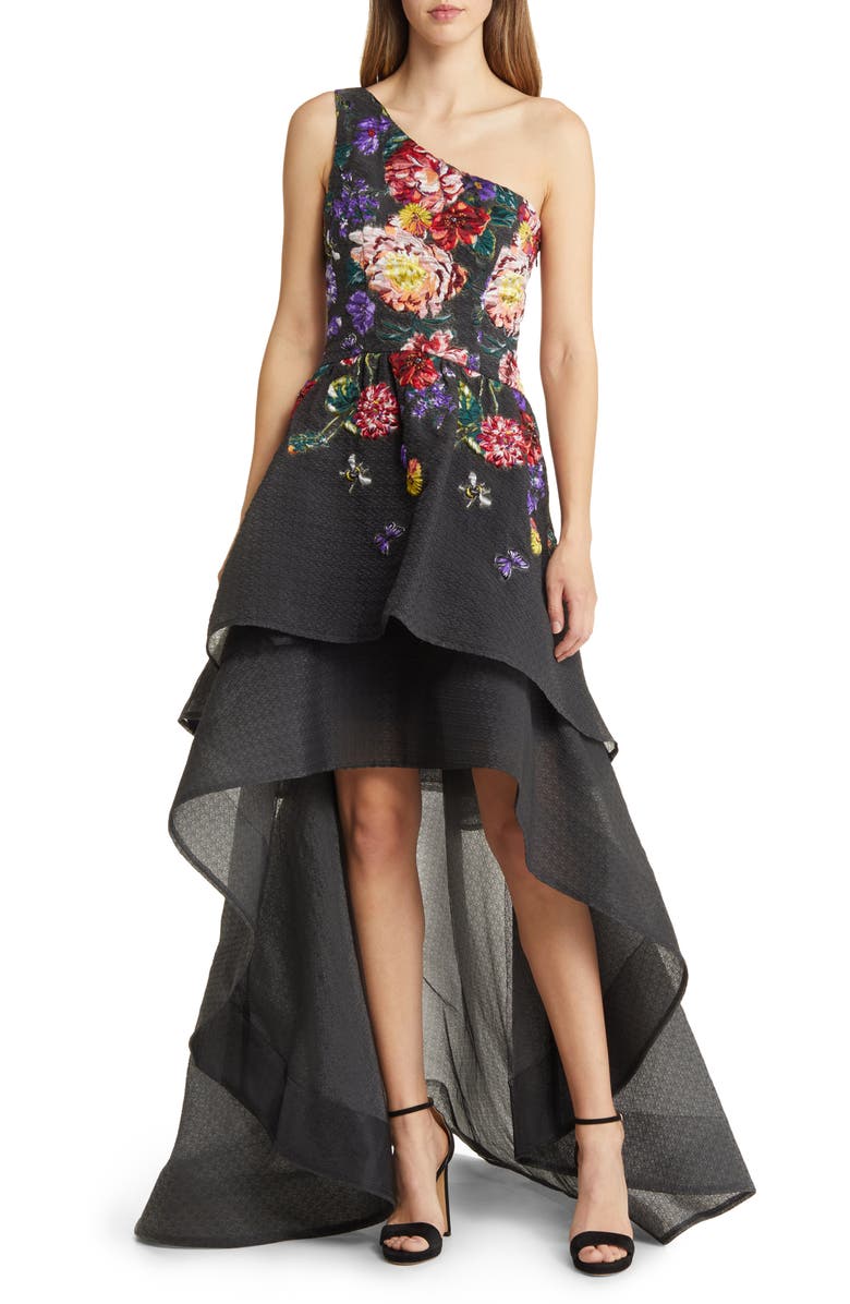 Marchesa Notte Floral Dégradé Tiered High-Low Cocktail Dress, Main, color, 