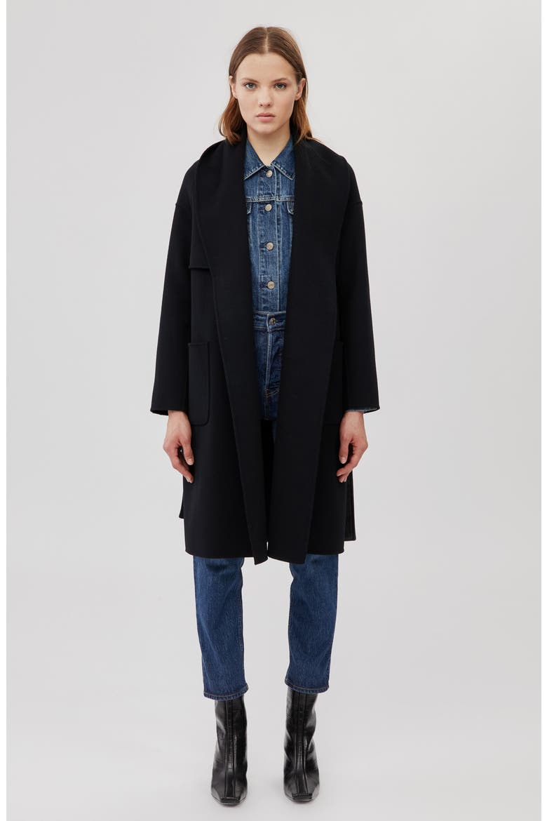 Thalia Double Face Tie Waist Wool Coat, Alternate, color, BLACK