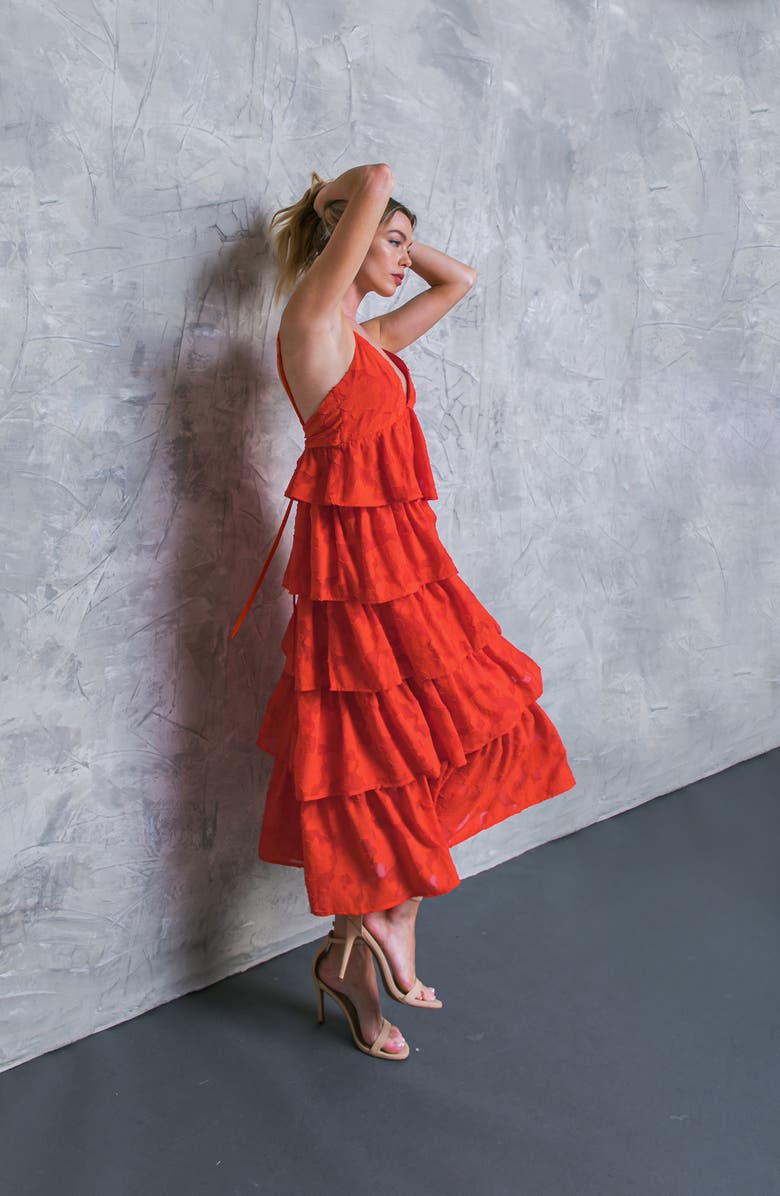 FLYING TOMATO Tiered Midi Dress, Alternate, color, Tomato Red